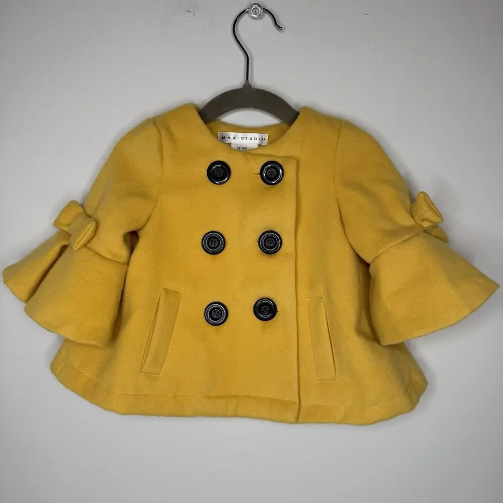 Max Studio Girls Pea Coat Yellow Size 12 Months Bell Sleeves With Bows